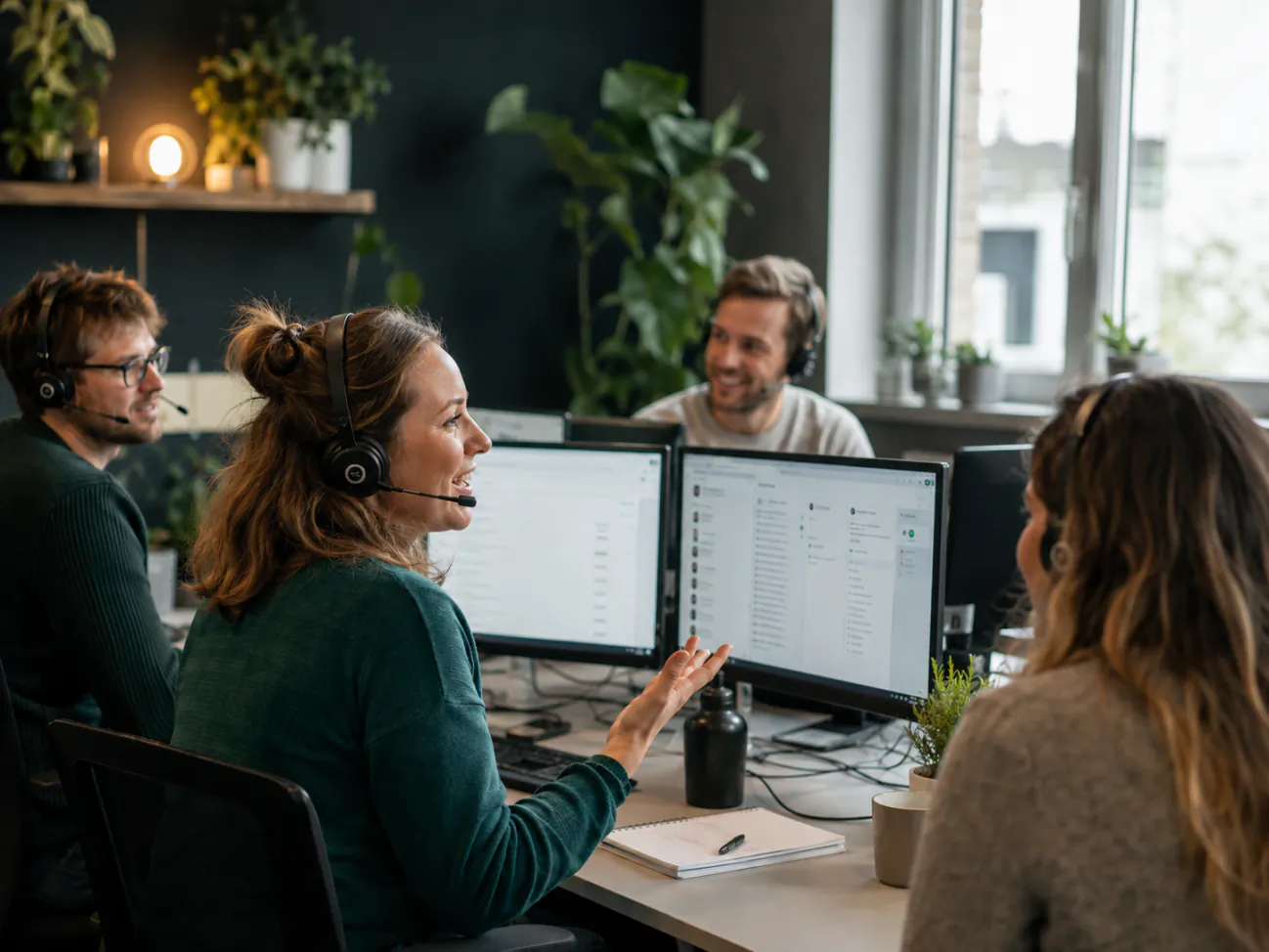 Call agents met headsets in gesprek op kantoor
