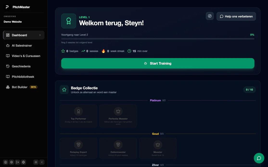 PitchMaster dashboard en AI-salestrainer
