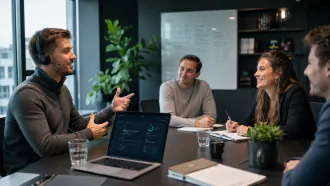 Teamoverleg aan een vergadertafel, een collega met headset legt iets uit