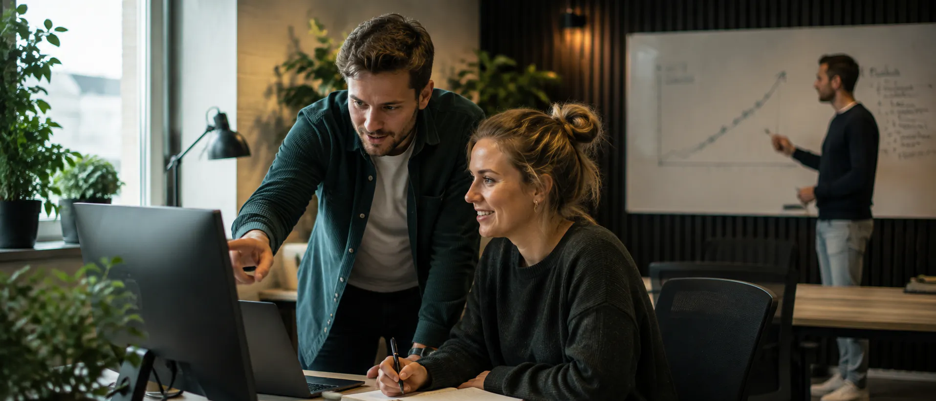 Collega helpt een medewerker verder achter haar scherm; op de achtergrond oefent iemand een presentatie